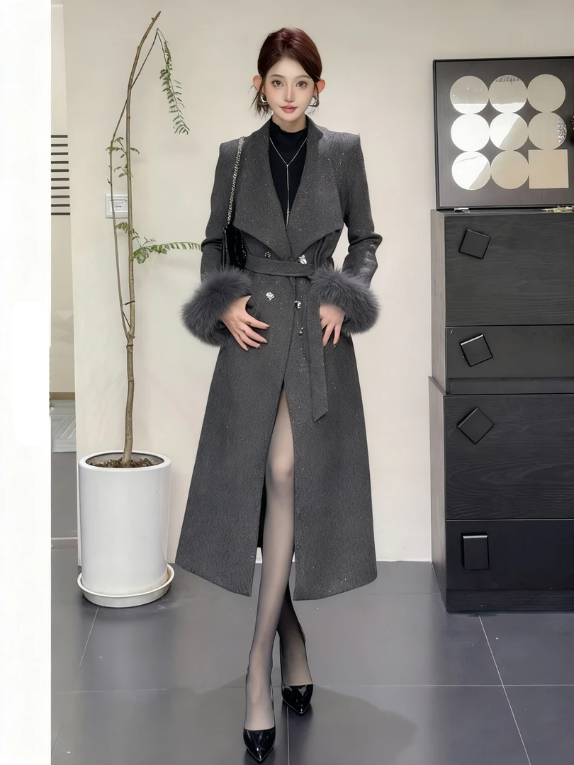 高级感毛呢大衣外套新款时尚亮闪轻奢显瘦系带风衣