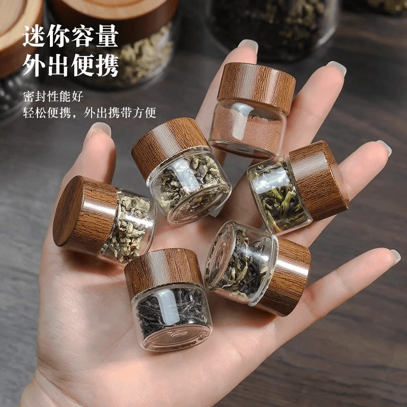 迷你茶叶罐玻璃密封木纹盖便携咖啡粉储存罐食品级小号便携分装瓶