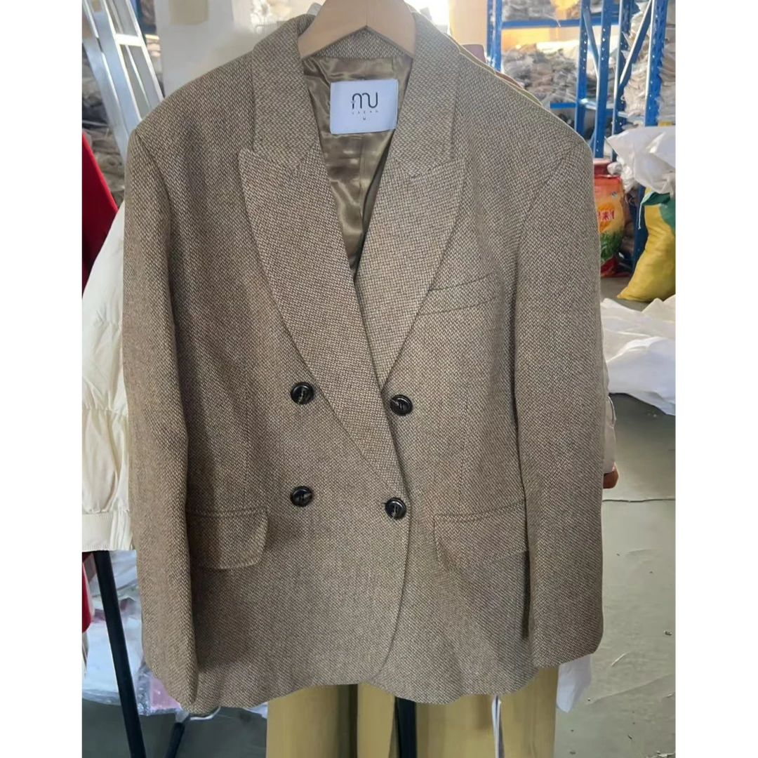 百搭气质灰色女士经典设计师西装轻奢毛呢上衣秋冬休闲格纹