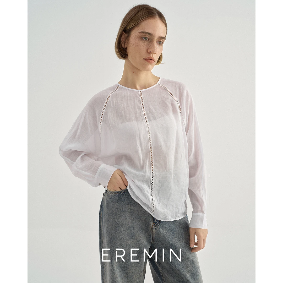 DE Mincollection镂空套头衫/轻透细支苎麻极简镂空拼接衬衫55509