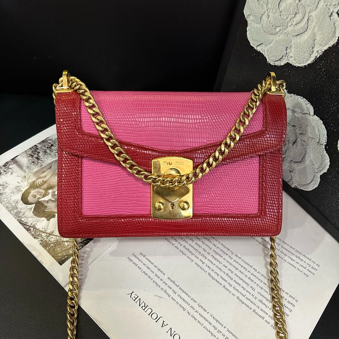95新 MIU MIU/缪缪 红粉拼色链条单肩包B4049
