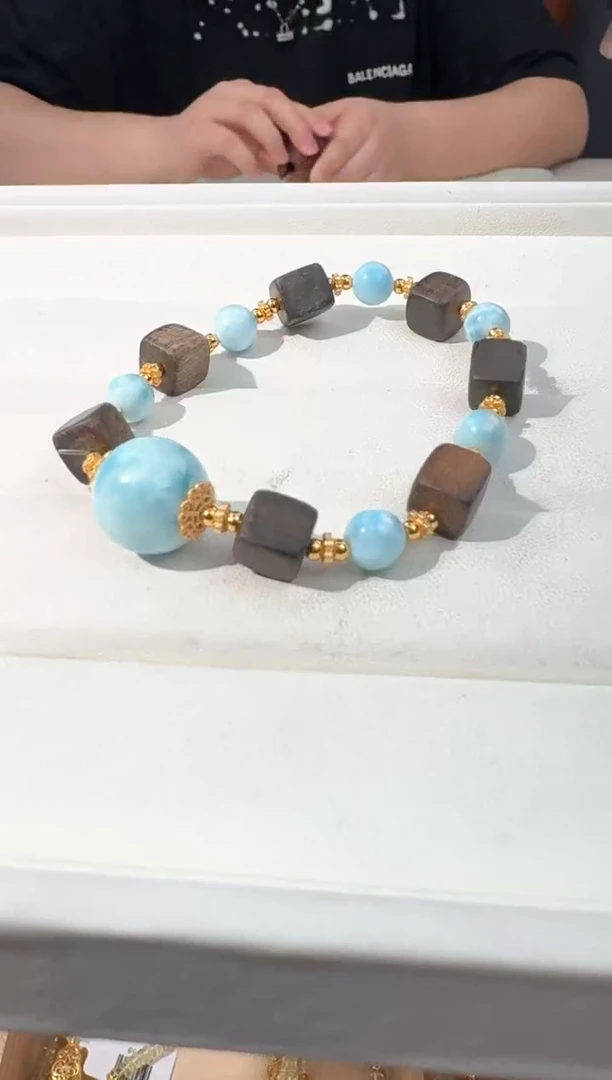 【闪购商品】针钠钙石（海纹石）手链银S925镶嵌海纹木头方块款