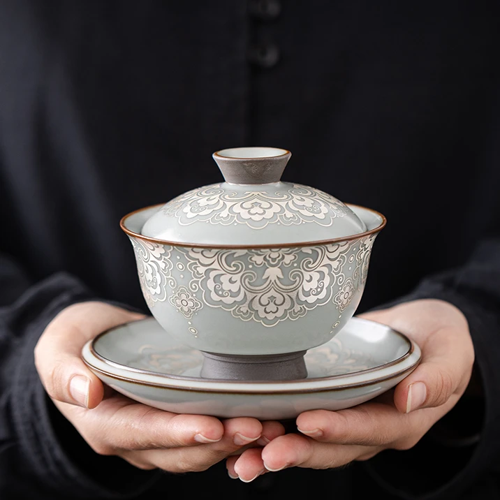 手工汝窑铁胎如意悬停盖碗高档泡茶碗茶具银花复古