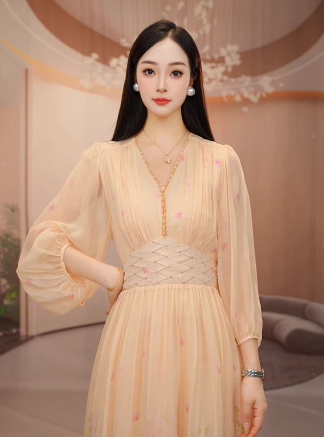 【沐沐家】2025新款时尚宽松高端走秀气质真丝黄花色印花 23128-2