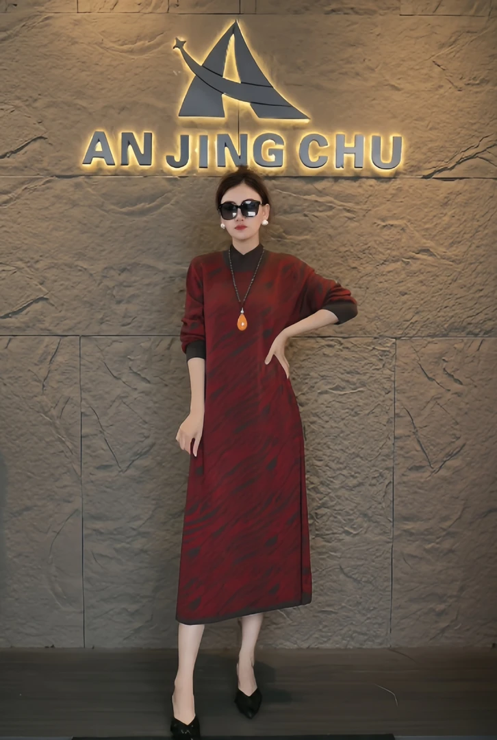 326 AN JING CHU 长袖复古冬季显瘦中长款常规连衣裙针织中长裙