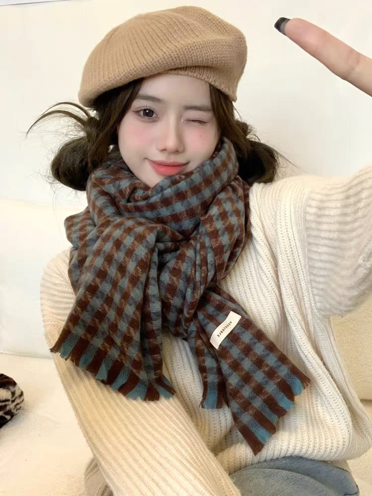 秋冬撞色格纹围巾软绵舒适保暖情侣围脖港风日系l双面披肩加厚