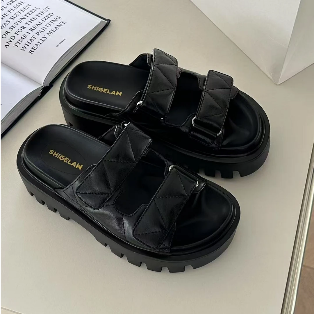 诗歌兰女鞋2025年夏季新款真皮时尚外穿厚底休闲沙滩拖鞋011-8