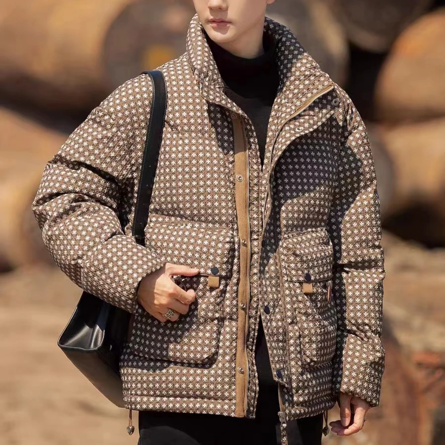 到位男装秋冬时尚经典咖格小香风面包羽绒外套L5020