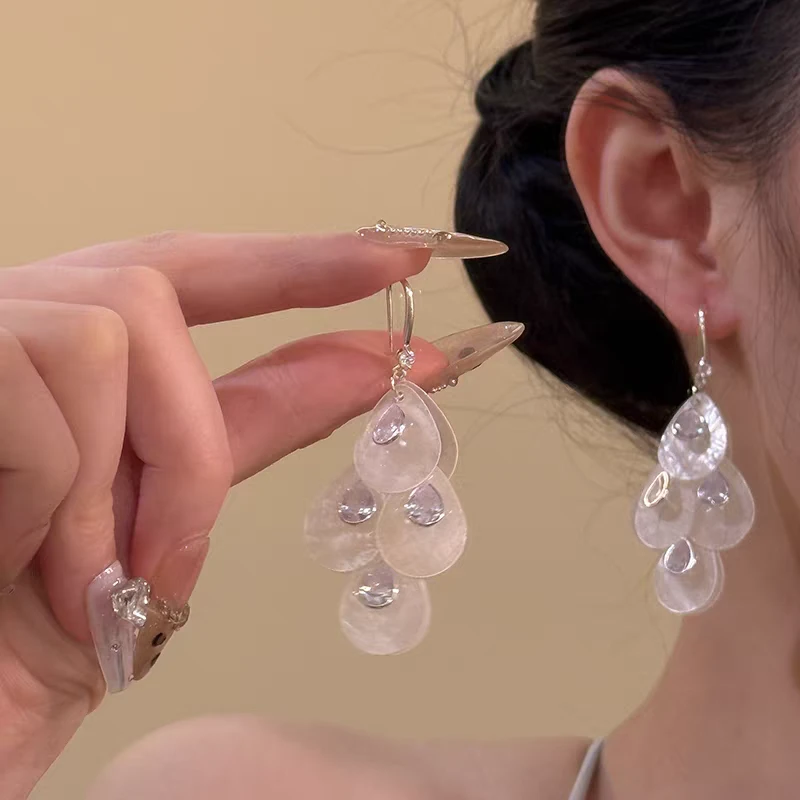 铜合金贝壳耳饰 夏日法式复古国风贝壳闪钻叶子度假-耳饰环