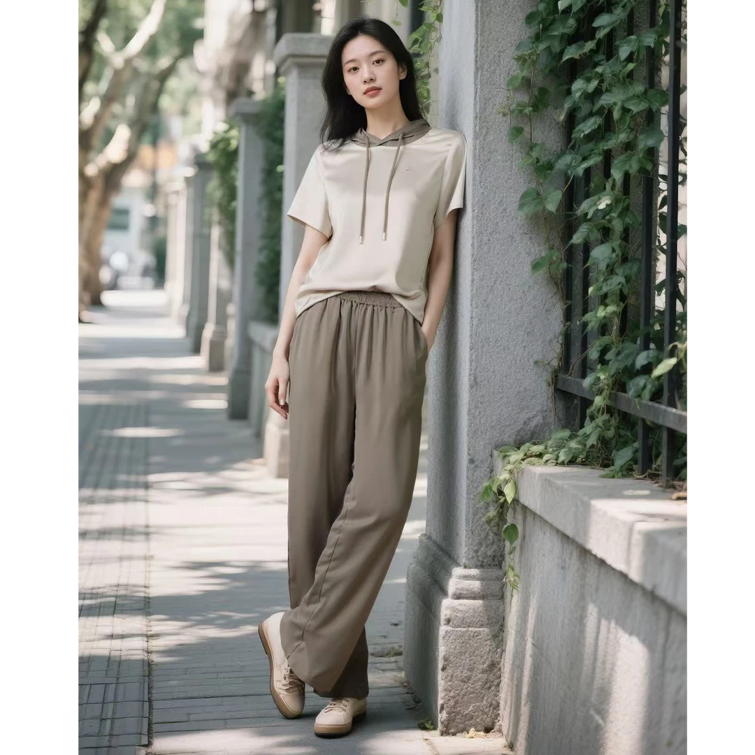 5520夏季连帽衬衫阔腿裤拼色缎面设计感通勤套装女