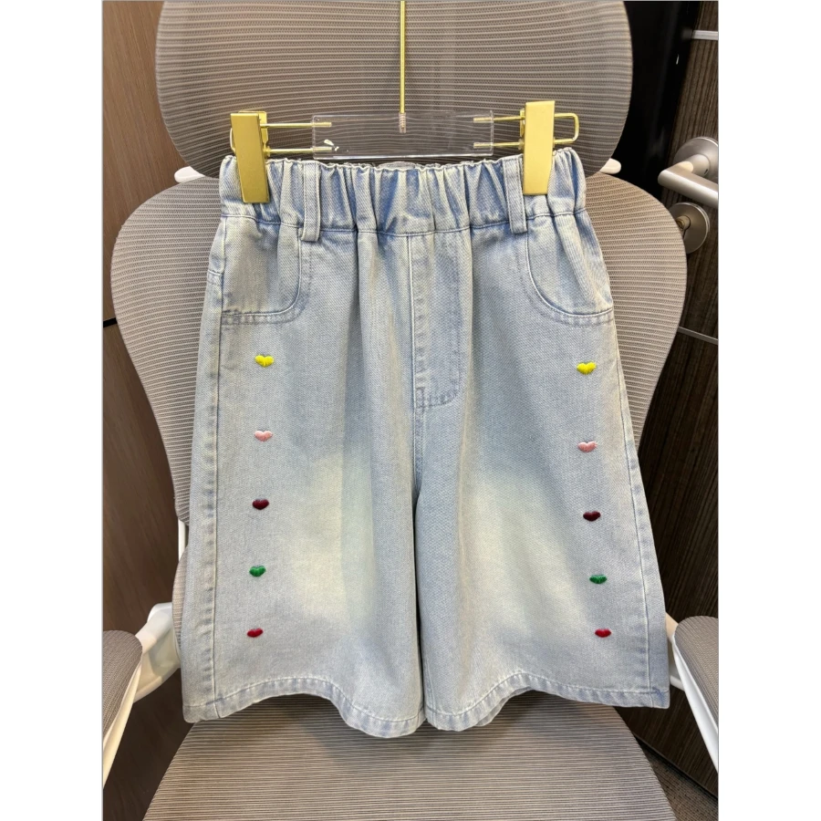 【清货】2025夏洋气彩色爱心刺绣薄款五分牛仔中裤 D593 593 M
