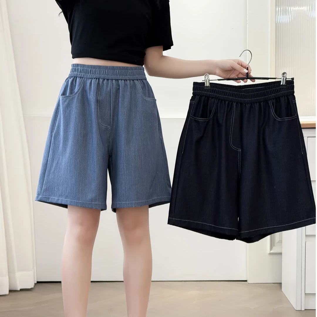 JIANAOBEN/简澳本大码女装夏季薄款牛仔短裤女高腰显瘦阔腿五分裤