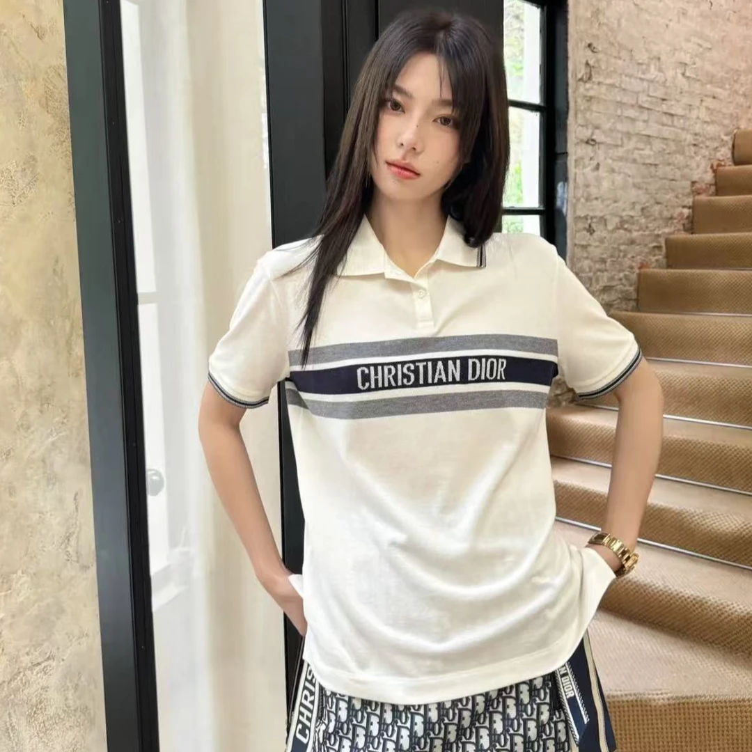 99新 DIOR/迪奥 DIOR字母Logo条纹刺绣短袖Polo衫白色