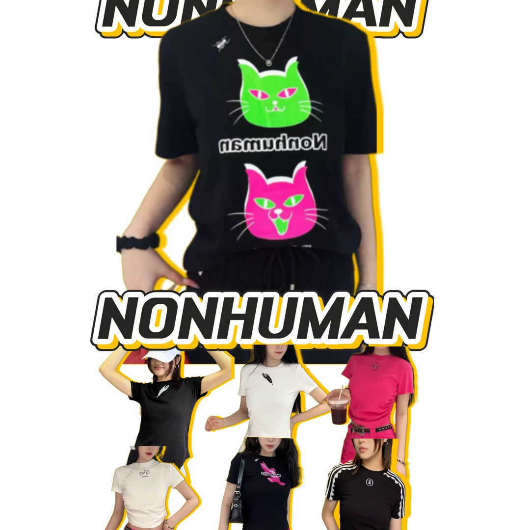 NONHUMAN集合正肩T黑色原创印花圆领套头T恤
