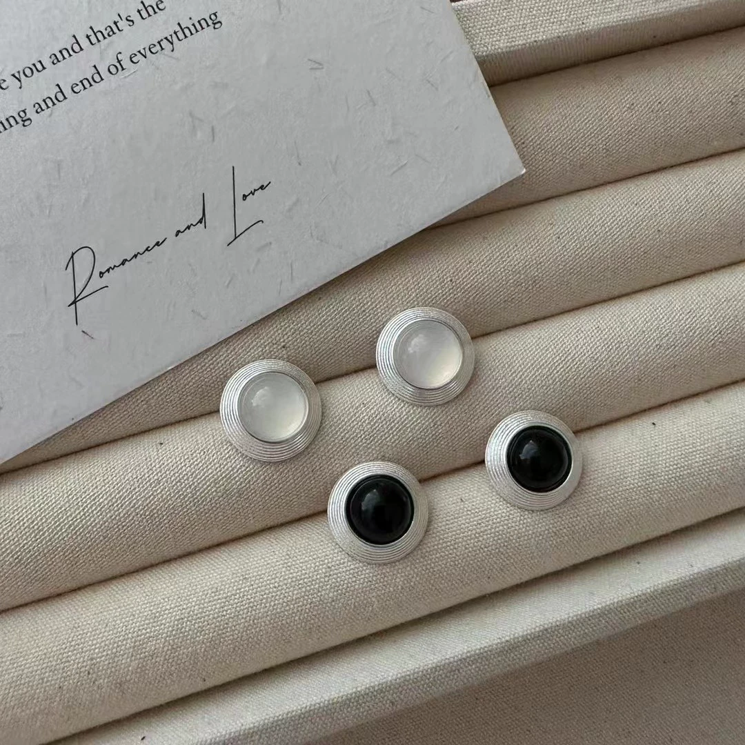 925纯银耳钉女高级感时尚简约环纹黑玛瑙圆球耳饰睡觉不用摘