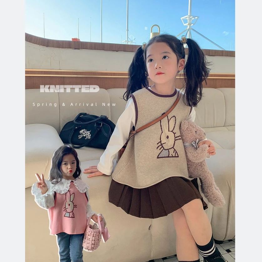 图图小象女童春秋娃娃衫针织马甲女宝洋气百褶半身裙儿童日常通用