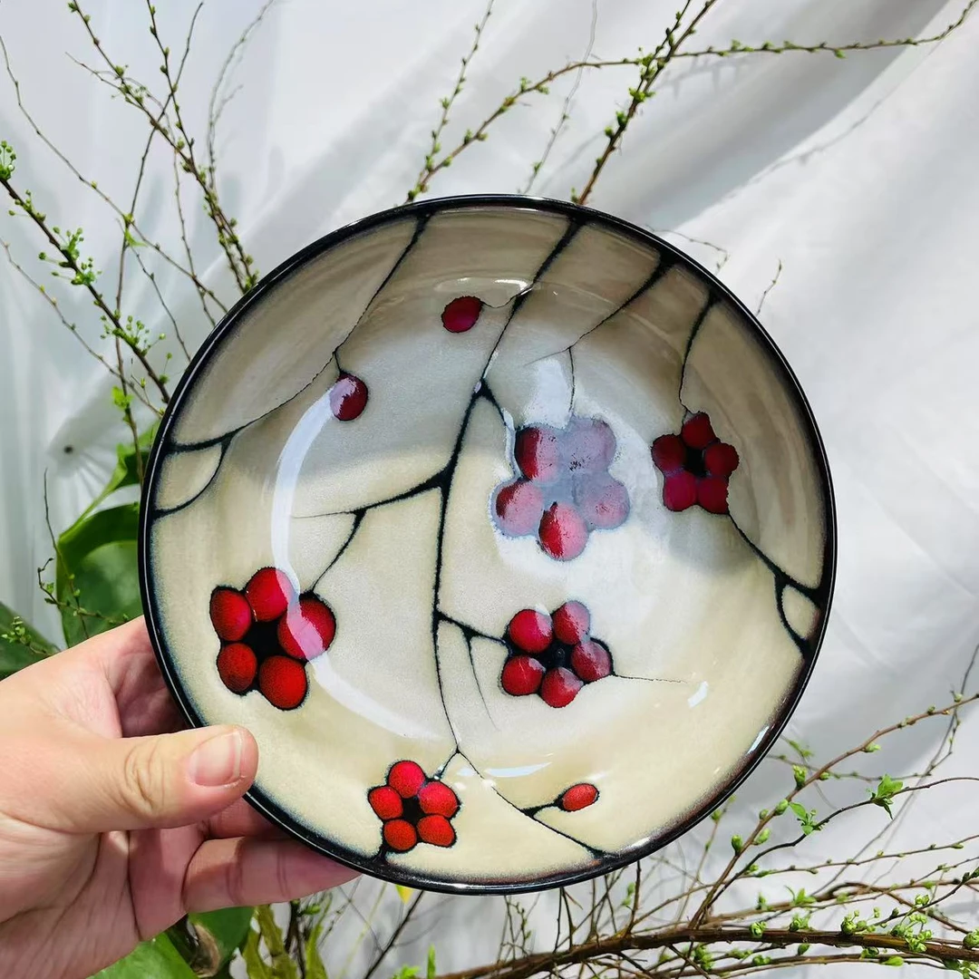 利利家窑变釉红梅7英寸深盘一只清库存微瑕