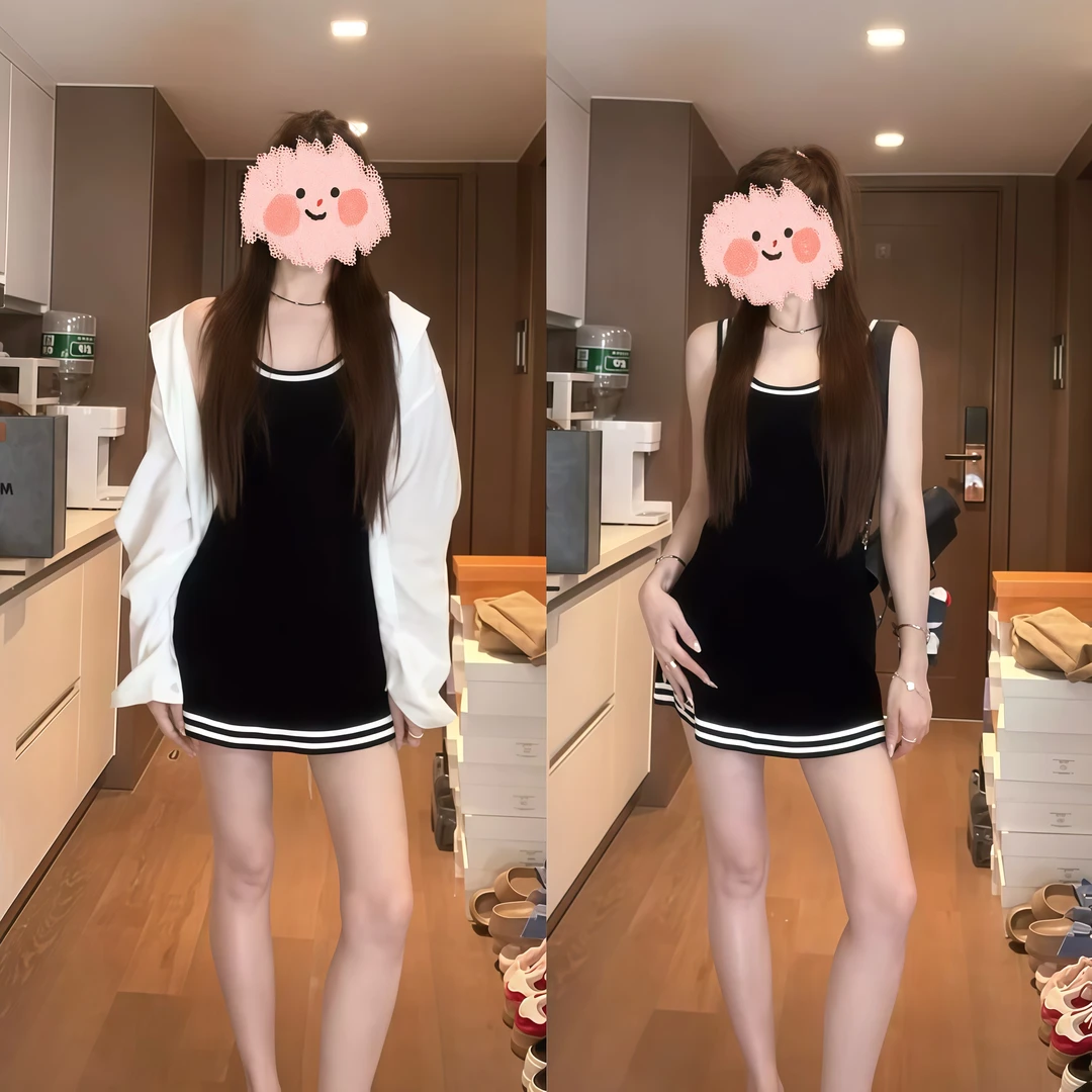 2025夏季新款时尚宽松飘带防晒衬衣撞色针织显瘦辣妹吊带连衣裙