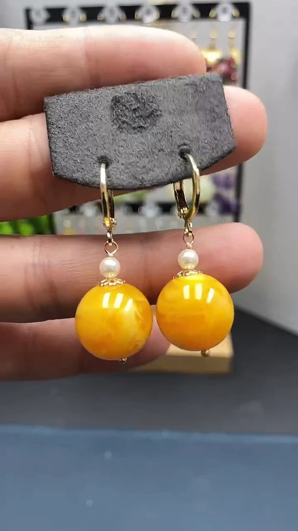 【闪购商品】蜜蜡耳饰银S925镀金镶嵌尺寸16mm耳扣06