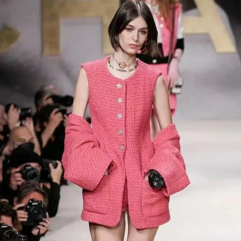 99新 Chanel/香奈儿 22S 长款玫粉色无袖编织马甲 34码 38码