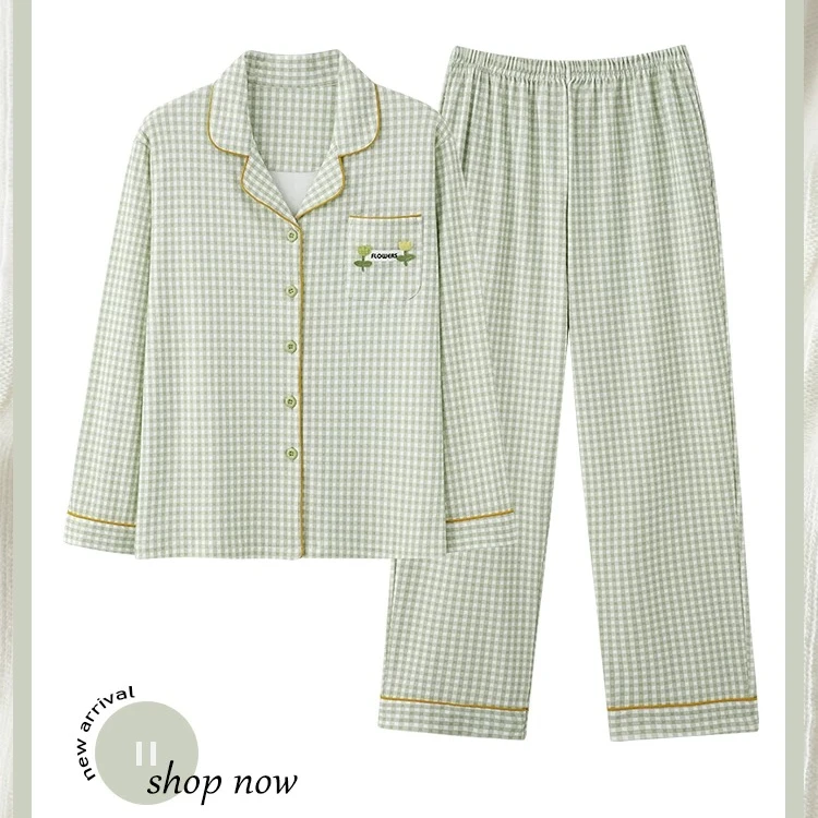 春秋睡衣女款纯棉长袖薄款可外穿开衫绿色格子简约新款家居服套装