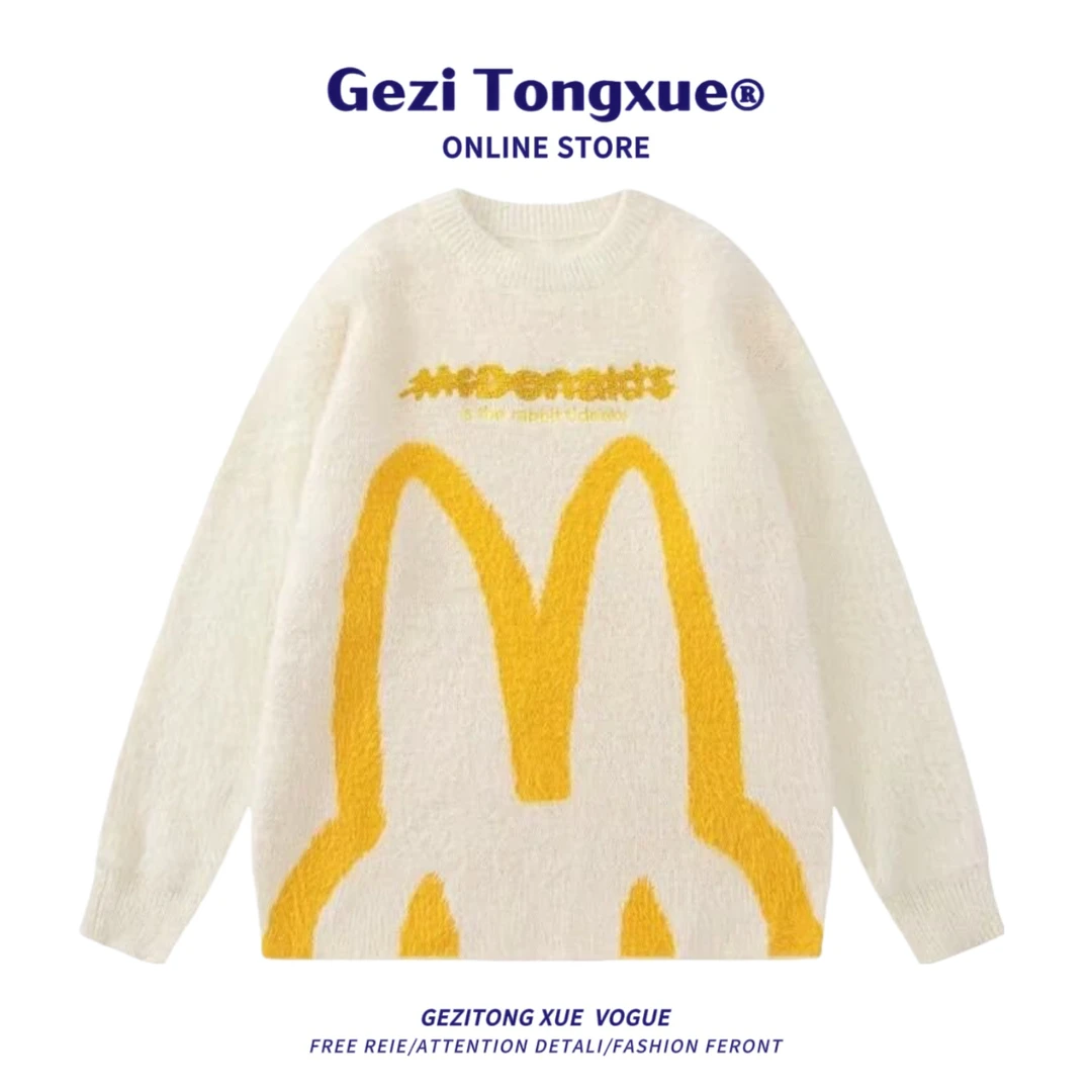 vintage复古圆领毛衣国潮牌宽松休闲线衣百搭情侣男女外穿针织衫