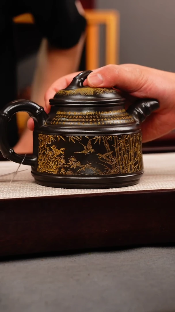 茶壶紫砂石黄 竹鼎 燕子图 描金
