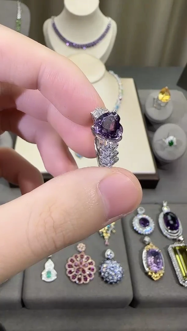 银S925镶嵌戒指紫晶9mm海洋之心简约款