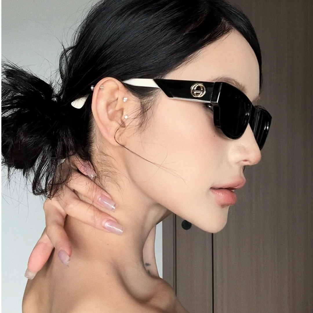 2025新款复古方形窄框猫眼黑白拼色墨镜女方圆脸显瘦太阳眼镜潮