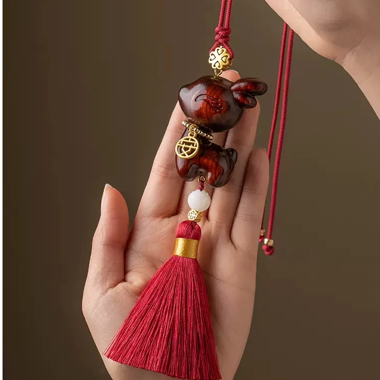 汽车挂件原创天然紫檀手工雕刻一鹿平安车内后视镜挂饰高级感饰品