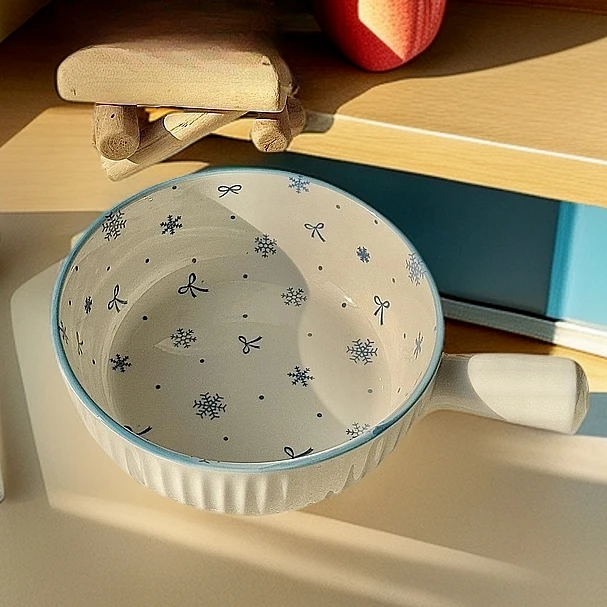 347【初雪|白】手柄碗 冬日初雪手柄碗少女心饭碗陶瓷一人食