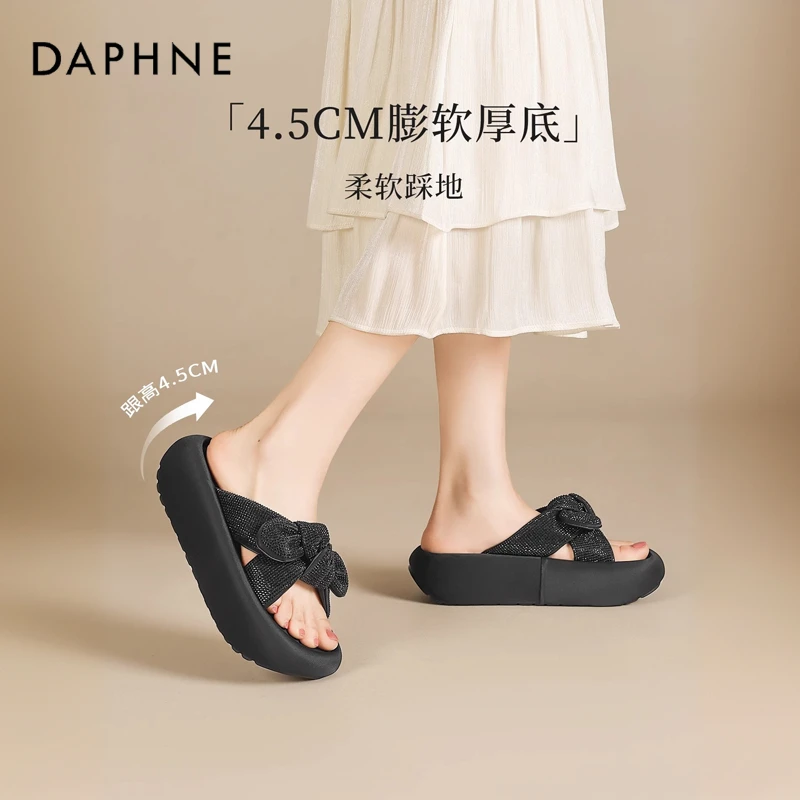 达芙妮厚底休闲凉鞋女2025夏季新款时尚百搭蝴蝶结水钻一字凉拖鞋