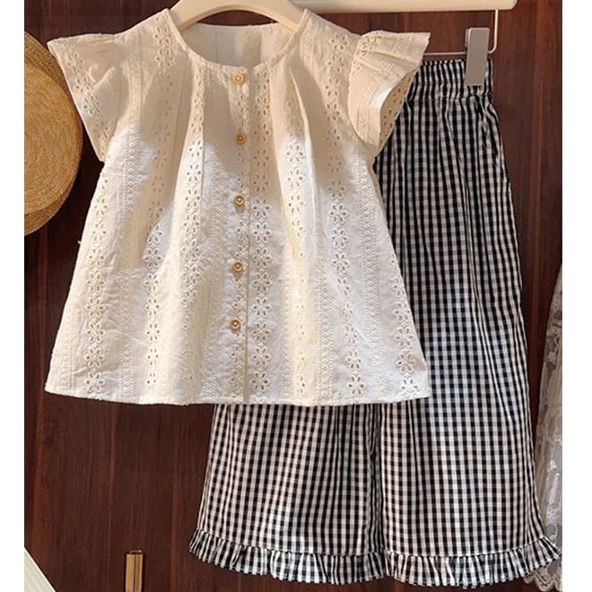 女童韩版休闲风套装中大童夏季新款洋气无袖上衣格子花边童装女童