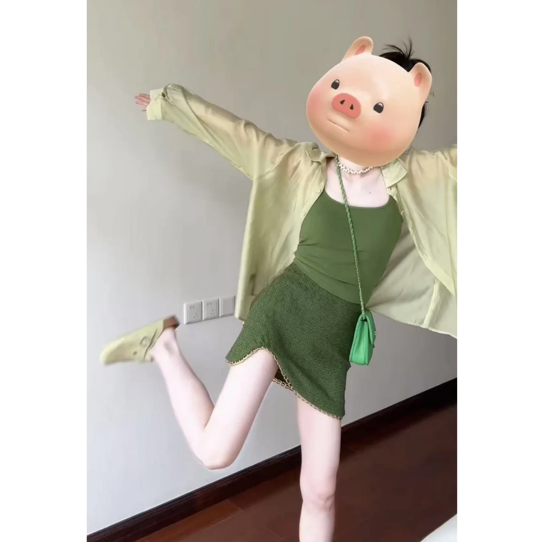 『吸睛配色』半身裙女夏款a字呢子不规则开叉绿色短裙防晒衫套装