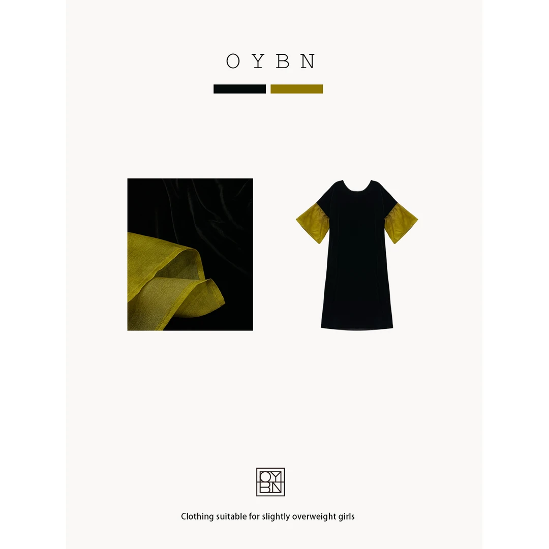 OYBN【狂想曲】微胖大码撞色拼接小众高级感宽松显瘦短袖丝绒连衣裙