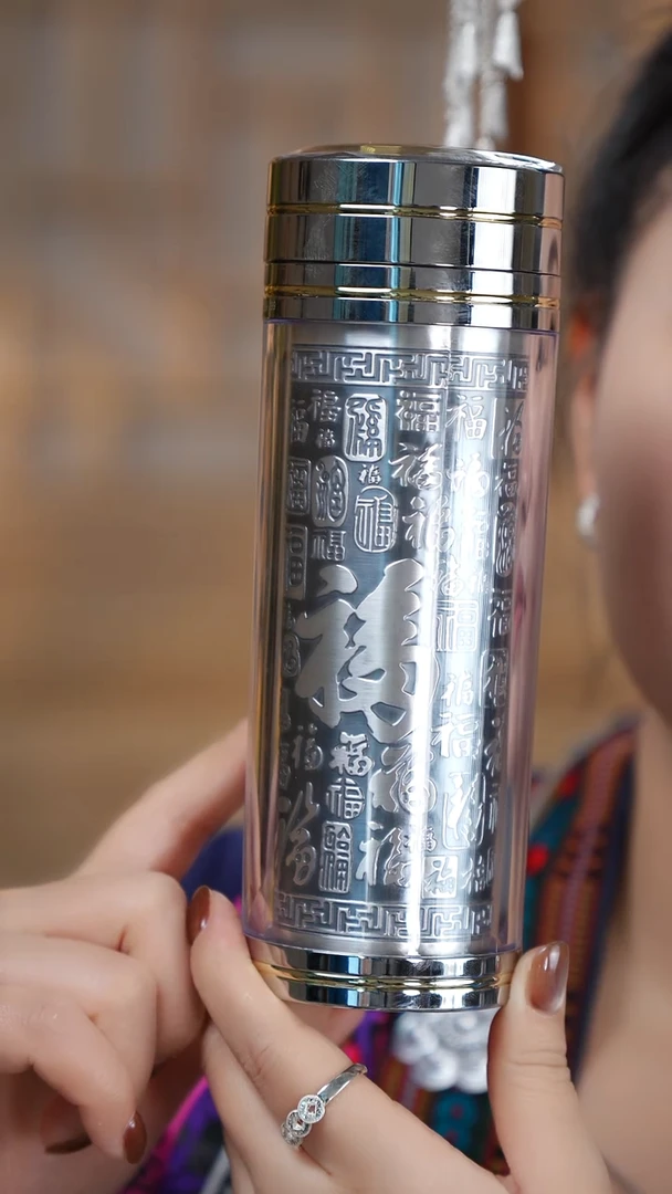 珐琅足银大号百家福银水杯