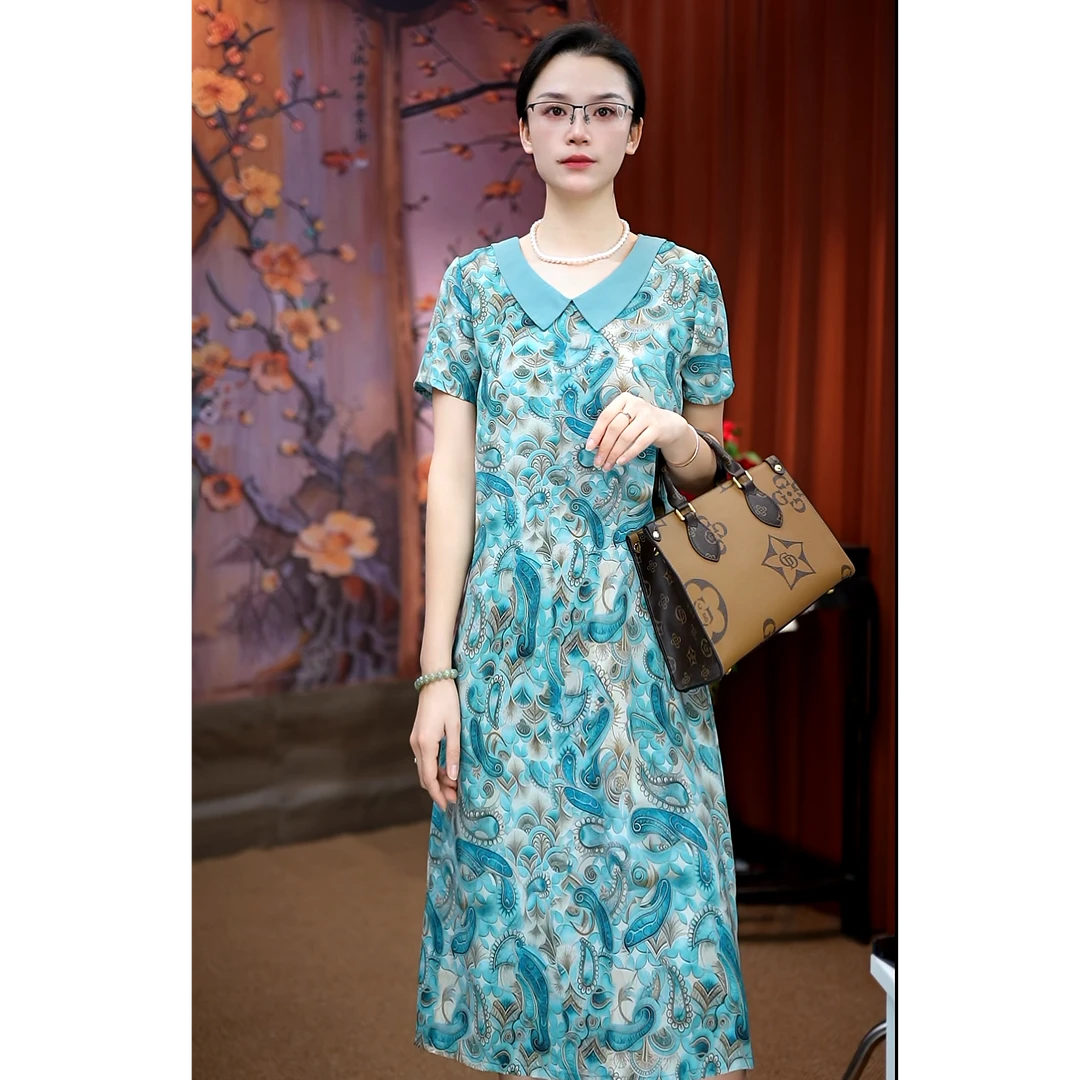 （书香花）时尚A字裙收腰短袖刺绣洋气优雅提花复古中长裙旗袍