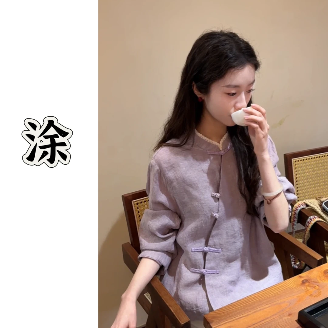 涂涂国风【拾光】春款上新原创设计中式色织亚麻复古手工盘扣小衫