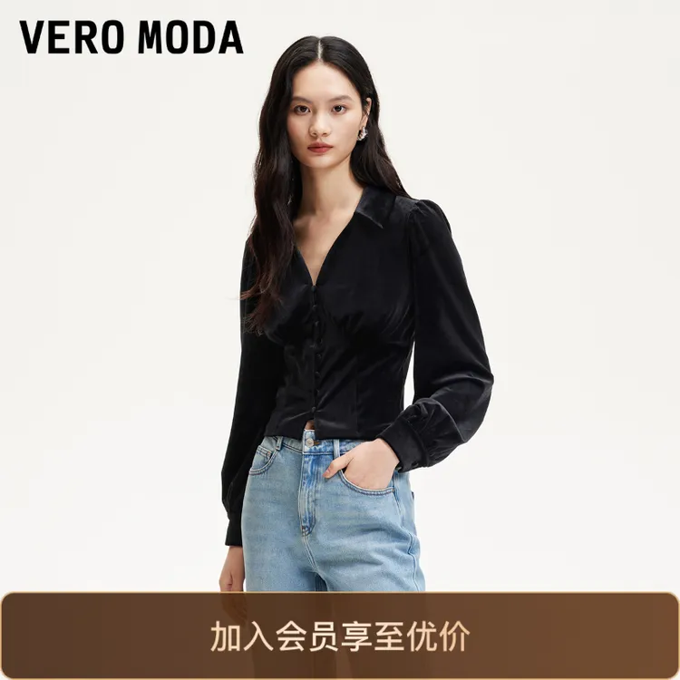 Vero Moda衬衫女2025新款丝绒翻领泡泡袖显瘦气质高级感衬衣贵气