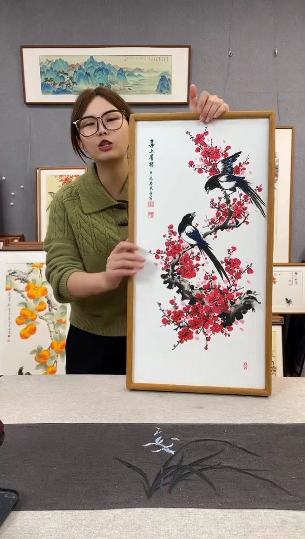 【闪购商品】国画贺照亭-纯手绘带框作品-35*68-梅花