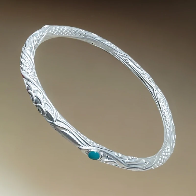 足银手镯 四宝银饰足银9999哪吒乾坤圈手镯银制品配饰雕刻镯子