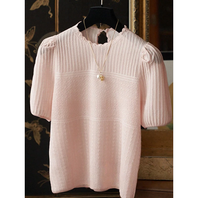 真心舒服！巨好看！花瓣边小圆领泡泡袖珠光纱短袖针织衫女气质上衣