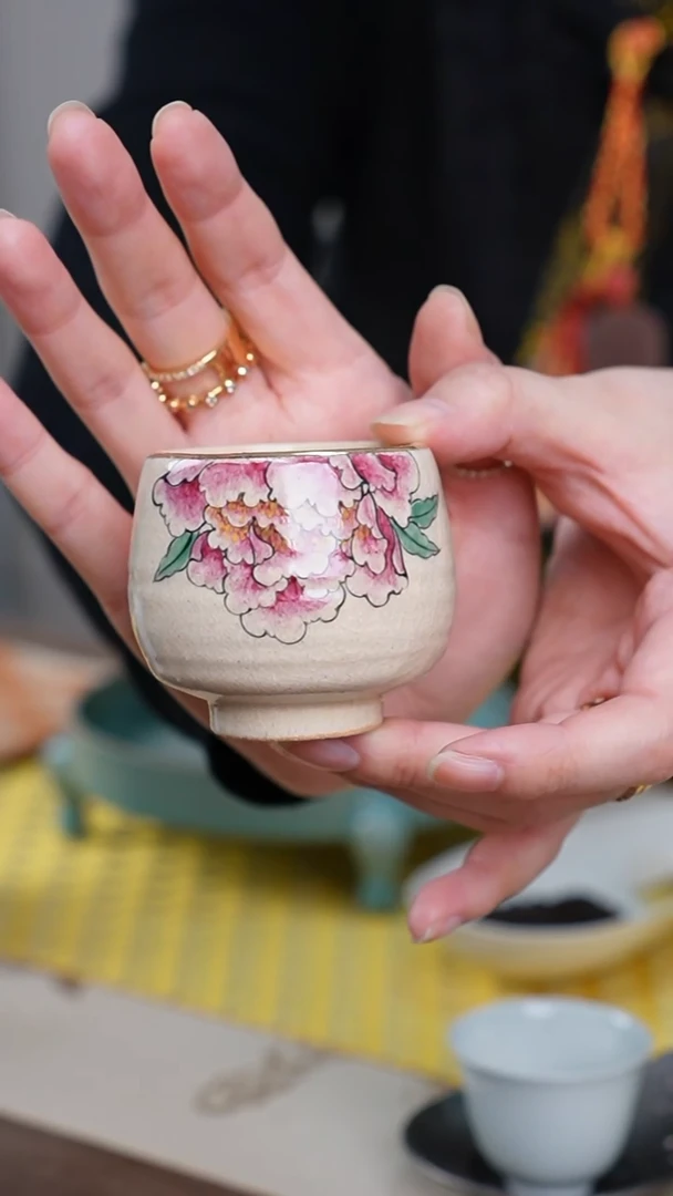 【闪购商品】手绘粉引牡丹杯子茶器茶具
