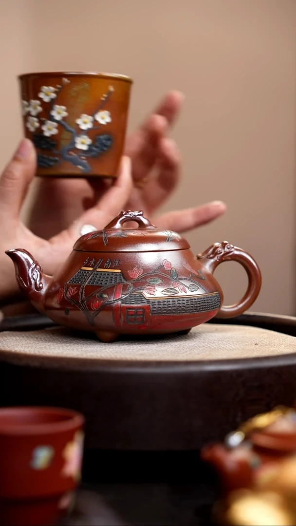 茶壶紫砂007   柴烧汉棠石瓢彩刻江南水乡+杯