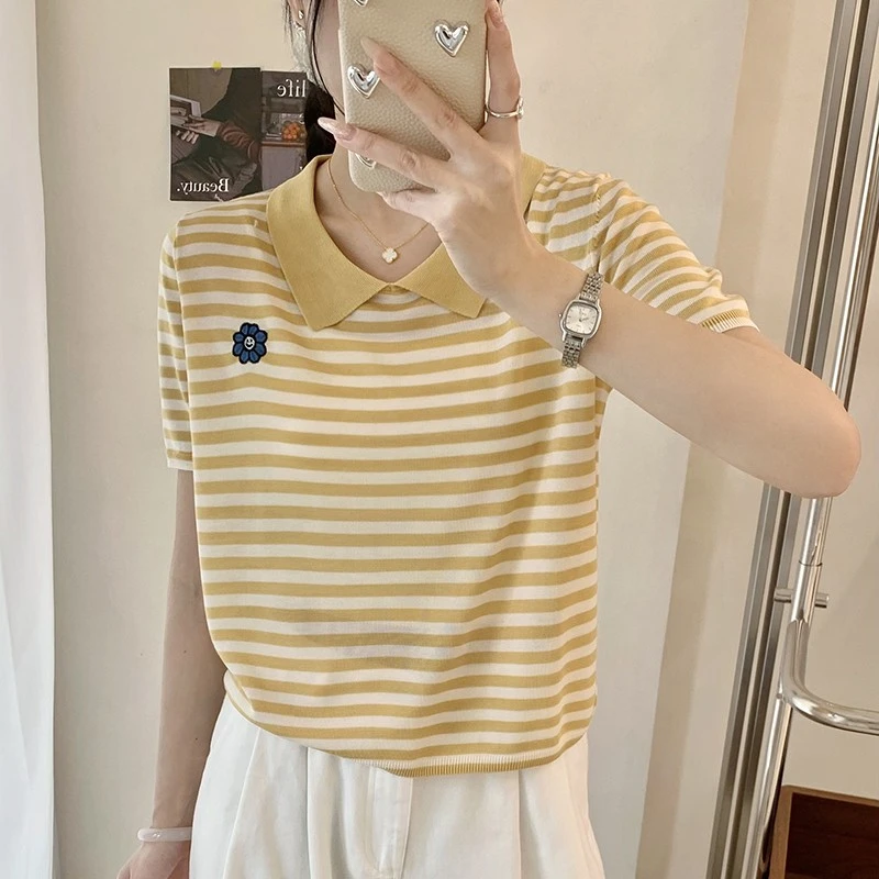 大码女装2025夏装新款假两件针织上衣胖mm百搭条纹短袖T恤50088