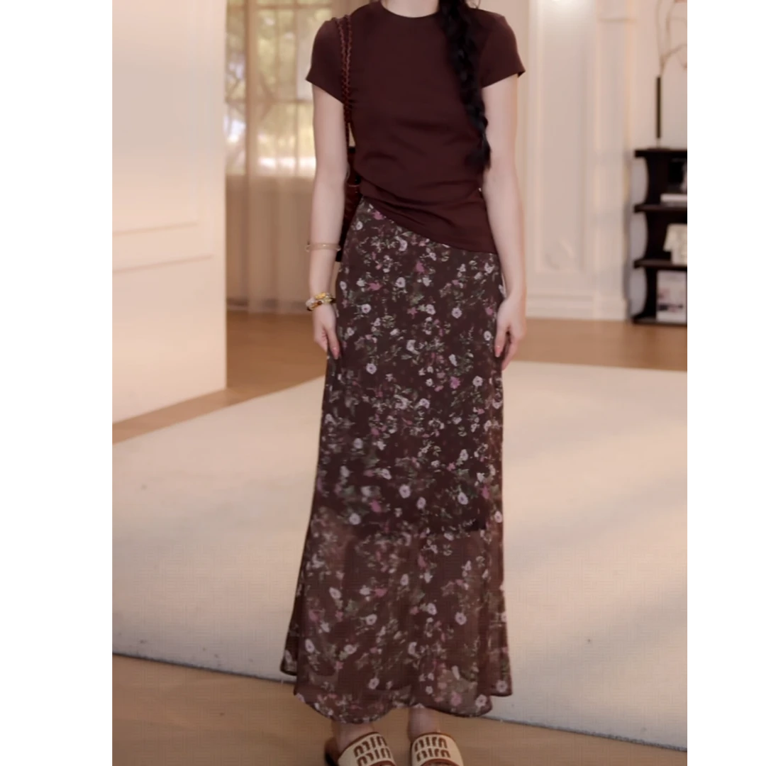 设计感高腰休闲松紧腰碎花长裙+气质纯色百搭短袖T恤夏季两件套女