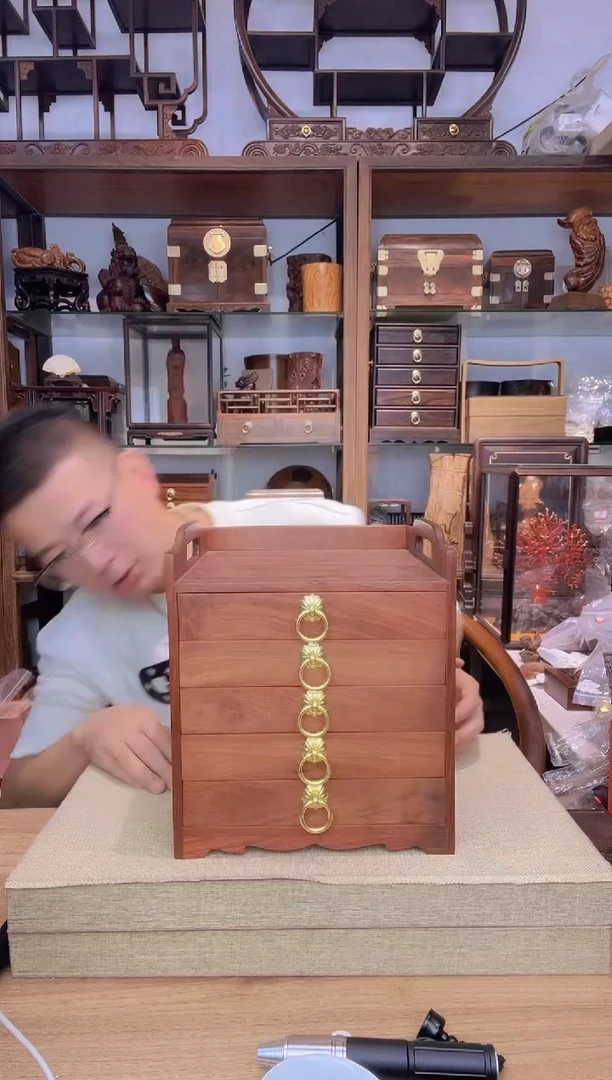 乌木类书架877缅花五抽茶饼盒