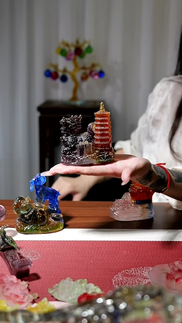 有机玻璃穗****?古法琉璃麒麟文昌塔茶摆件