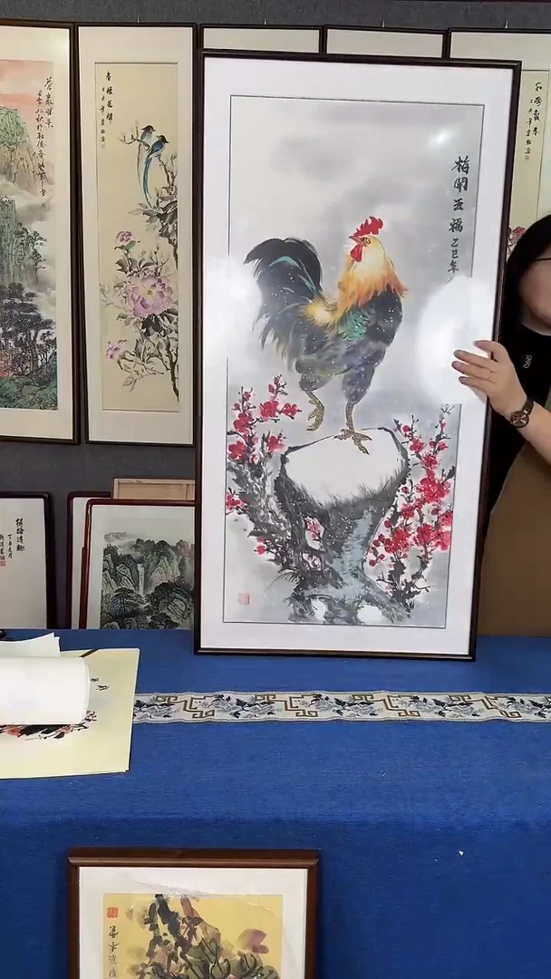 国画60*120梅开五福实木装裱