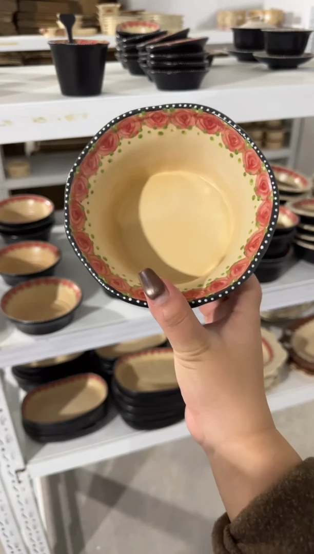 陶瓷黑色玫瑰果篮【十里高温釉下彩陶瓷】